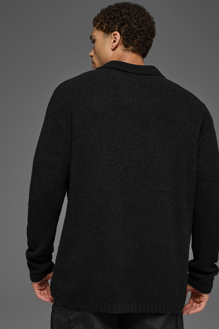 Textured Knit Long Sleeve Polo - Black