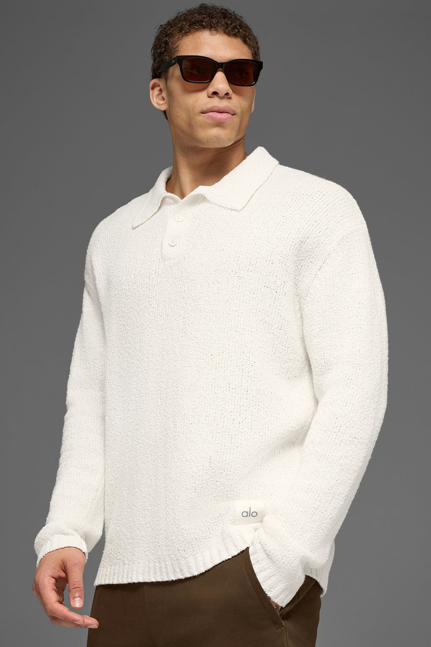 Textured Knit Long Sleeve Polo - Ivory