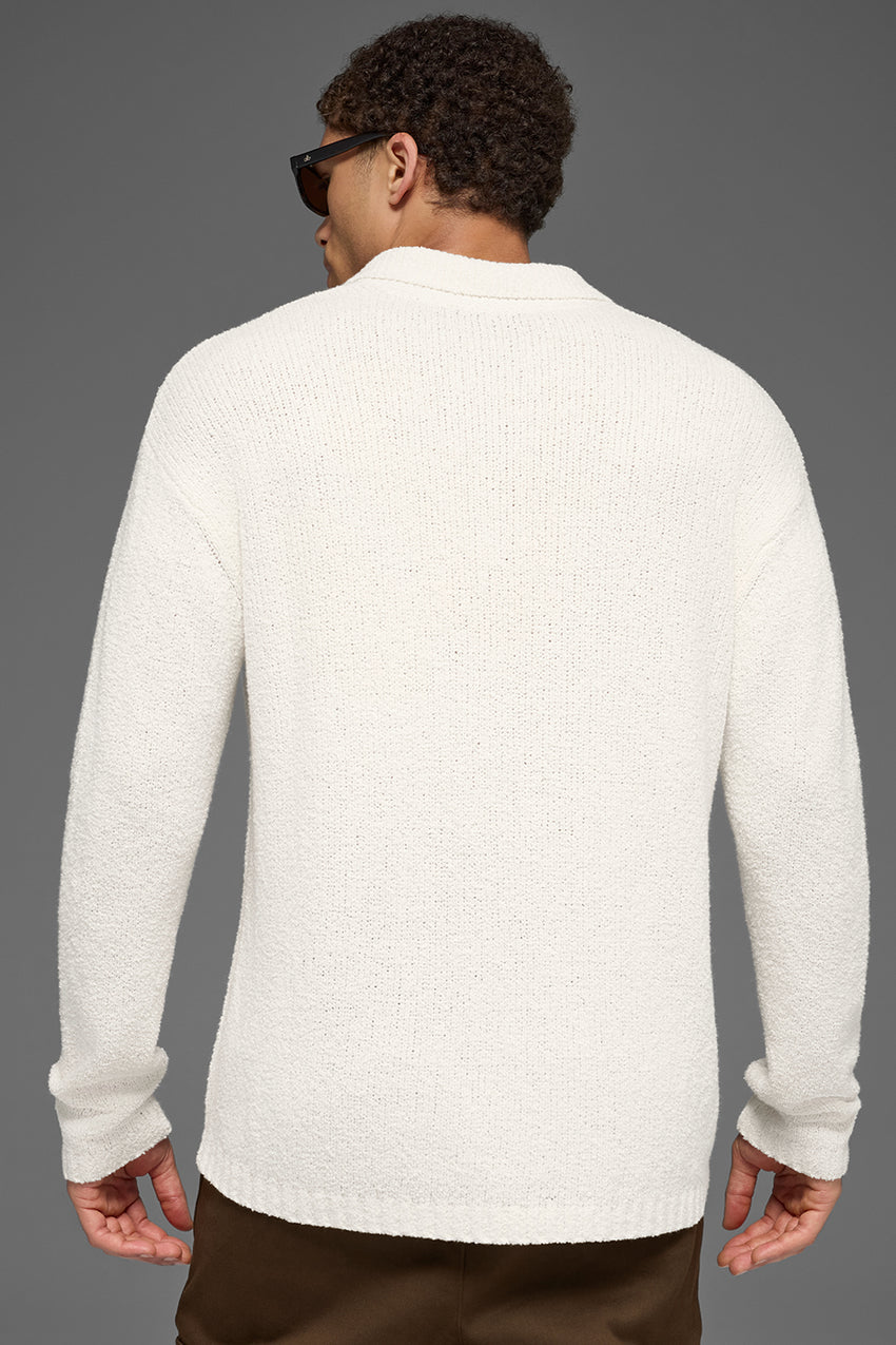 Textured Knit Long Sleeve Polo - Ivory
