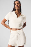 Cashmere Plush Waffle Polo Tee - Ivory