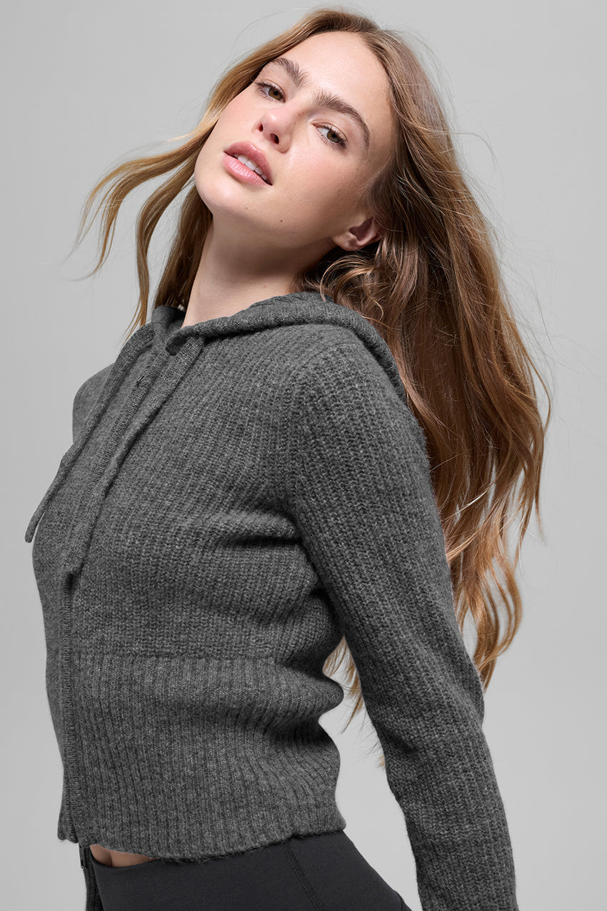 Wool Cashmere Ribbed Noble Full Zip Hoodie - Platinum Grey