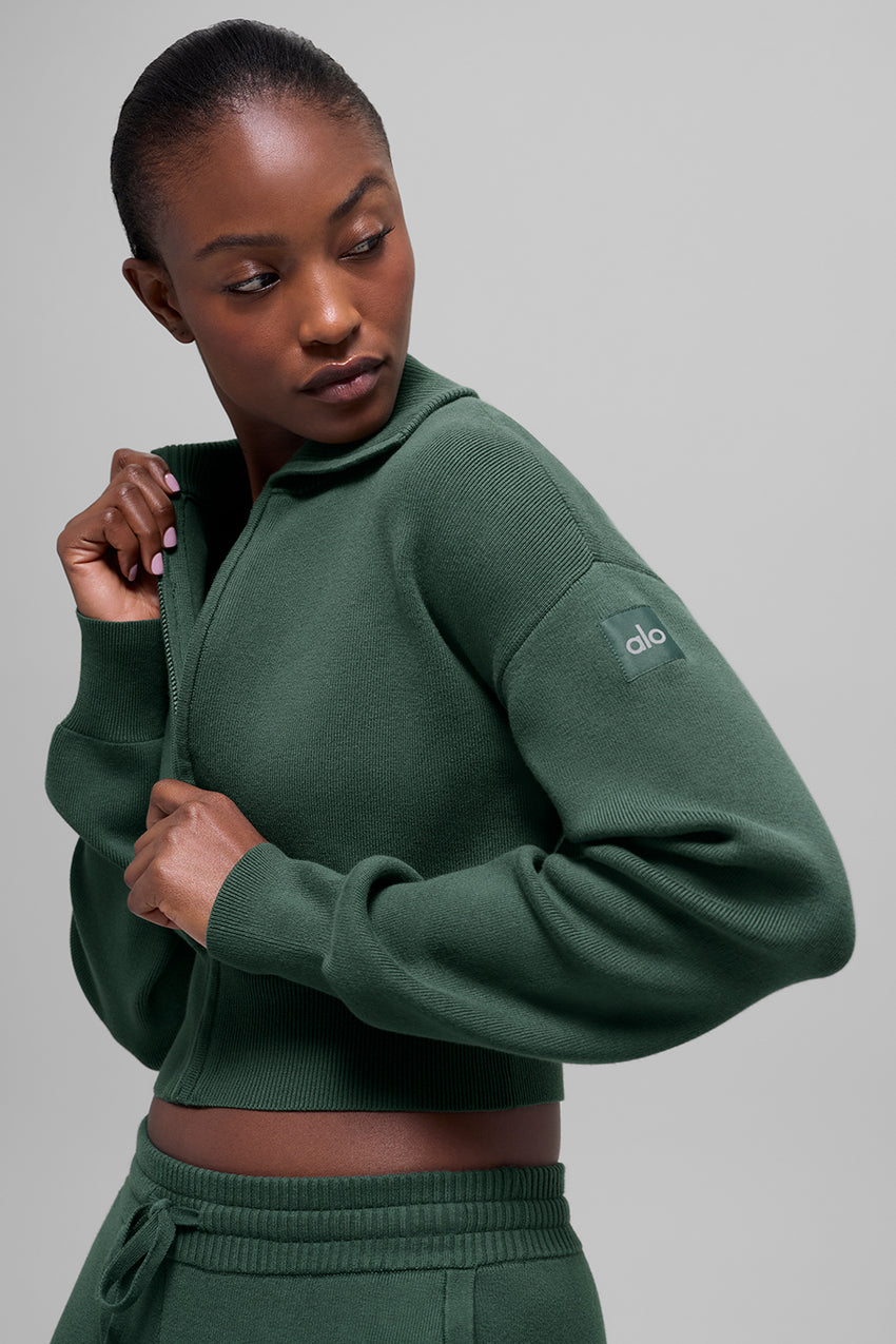 Scholar Knit Cropped Full Zip Jacket - Clover Green
