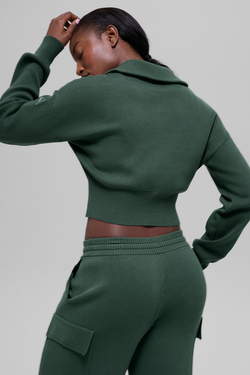 Scholar Knit Cropped Full Zip Jacket - Clover Green