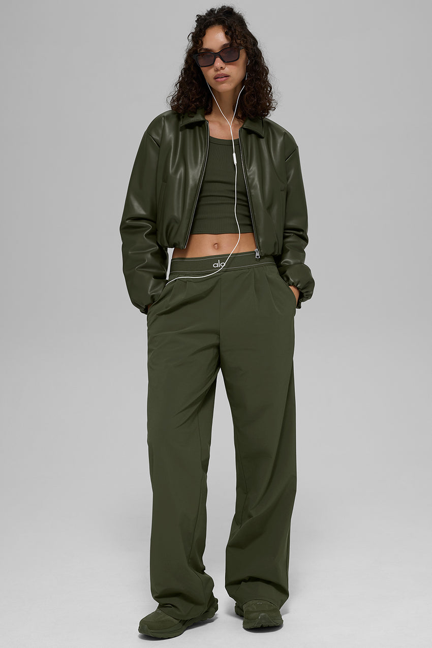 Faux Leather Cropped Premier Bomber - Green Olive
