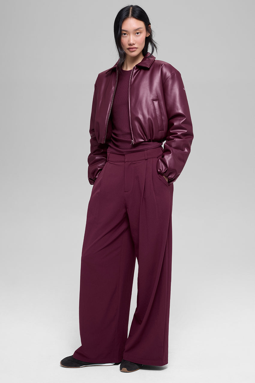 Faux Leather Cropped Premier Bomber - Burgundy
