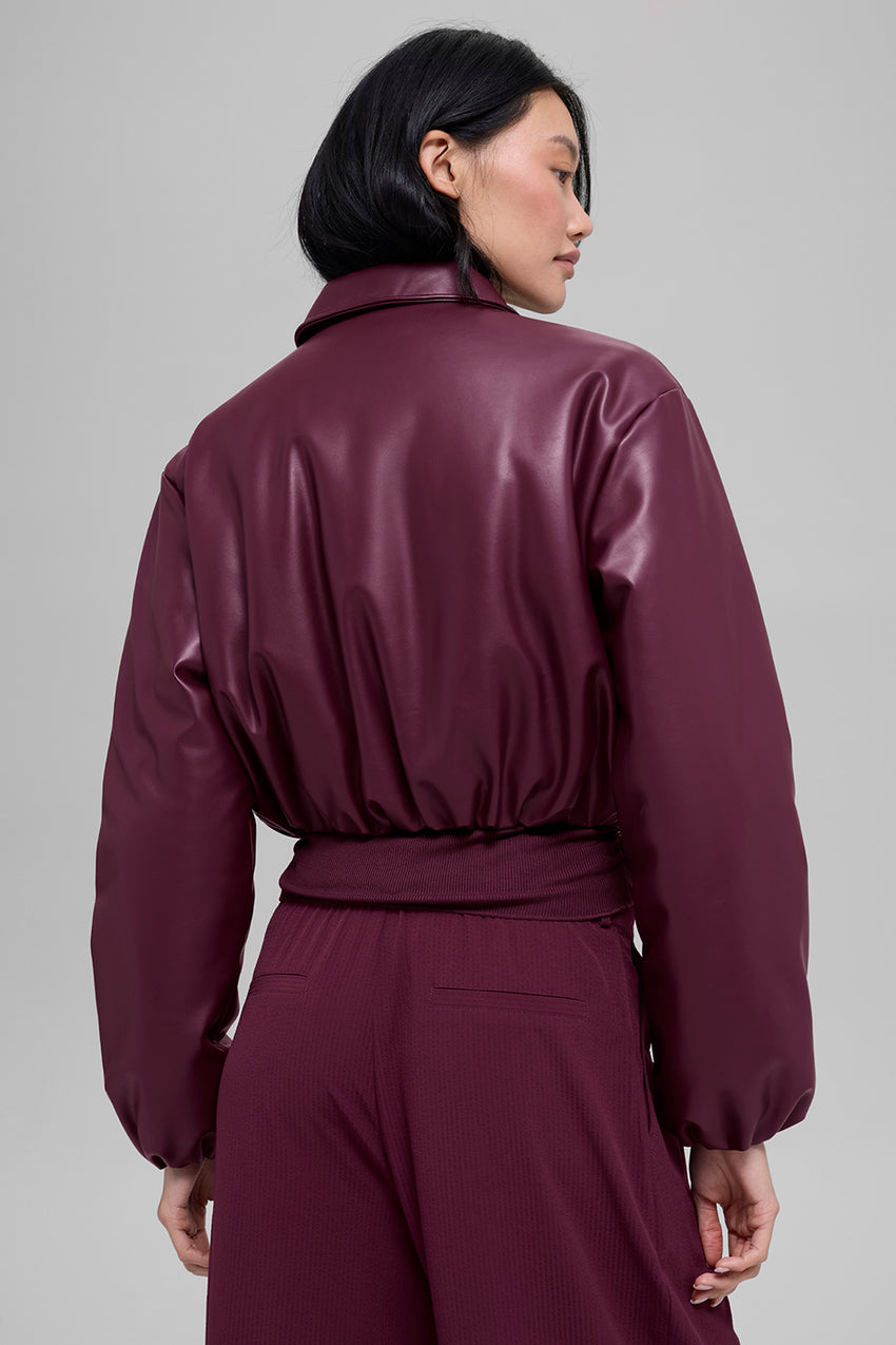 Faux Leather Cropped Premier Bomber - Burgundy