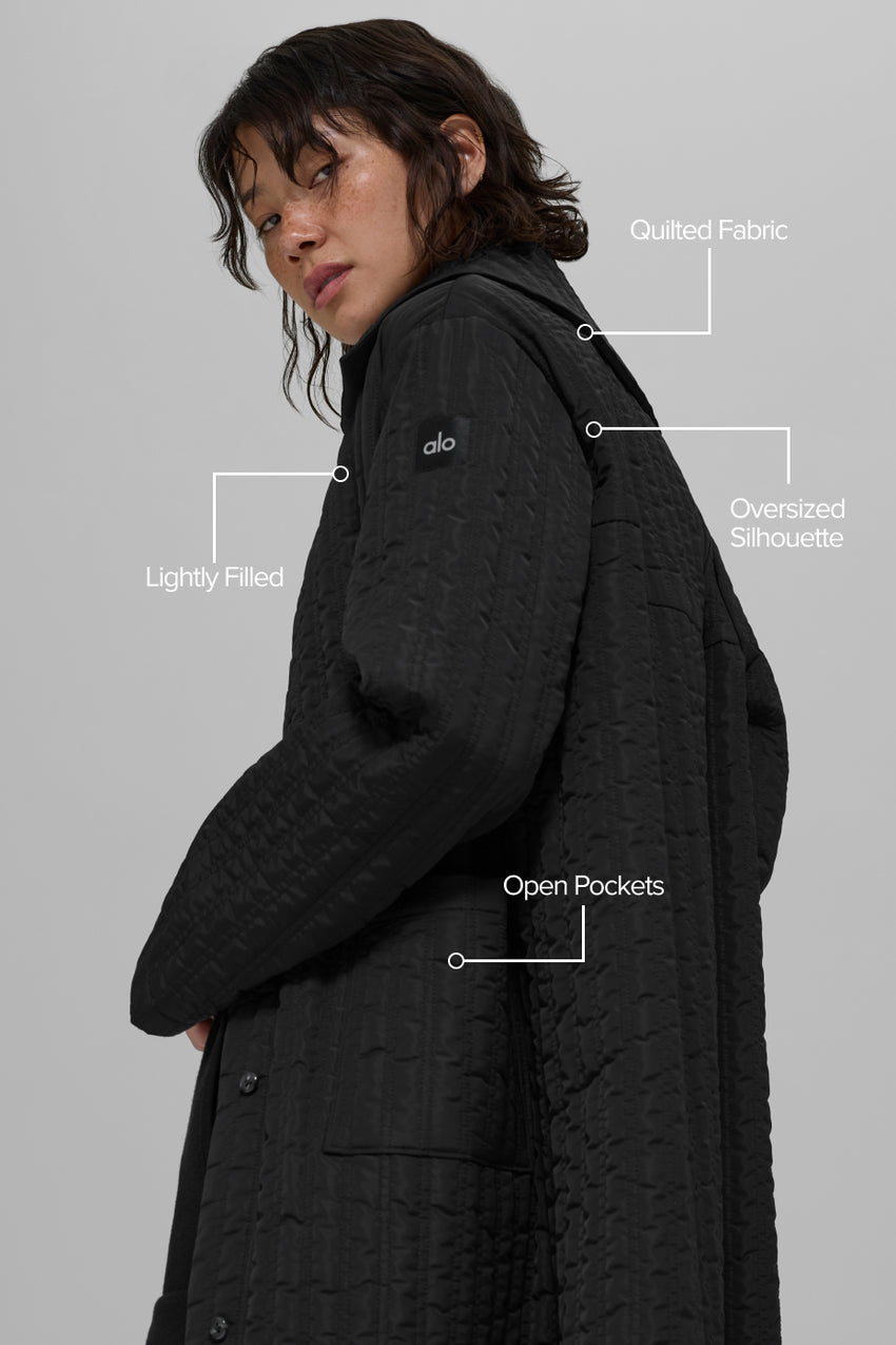Quilted Skyline Long Coat - Black