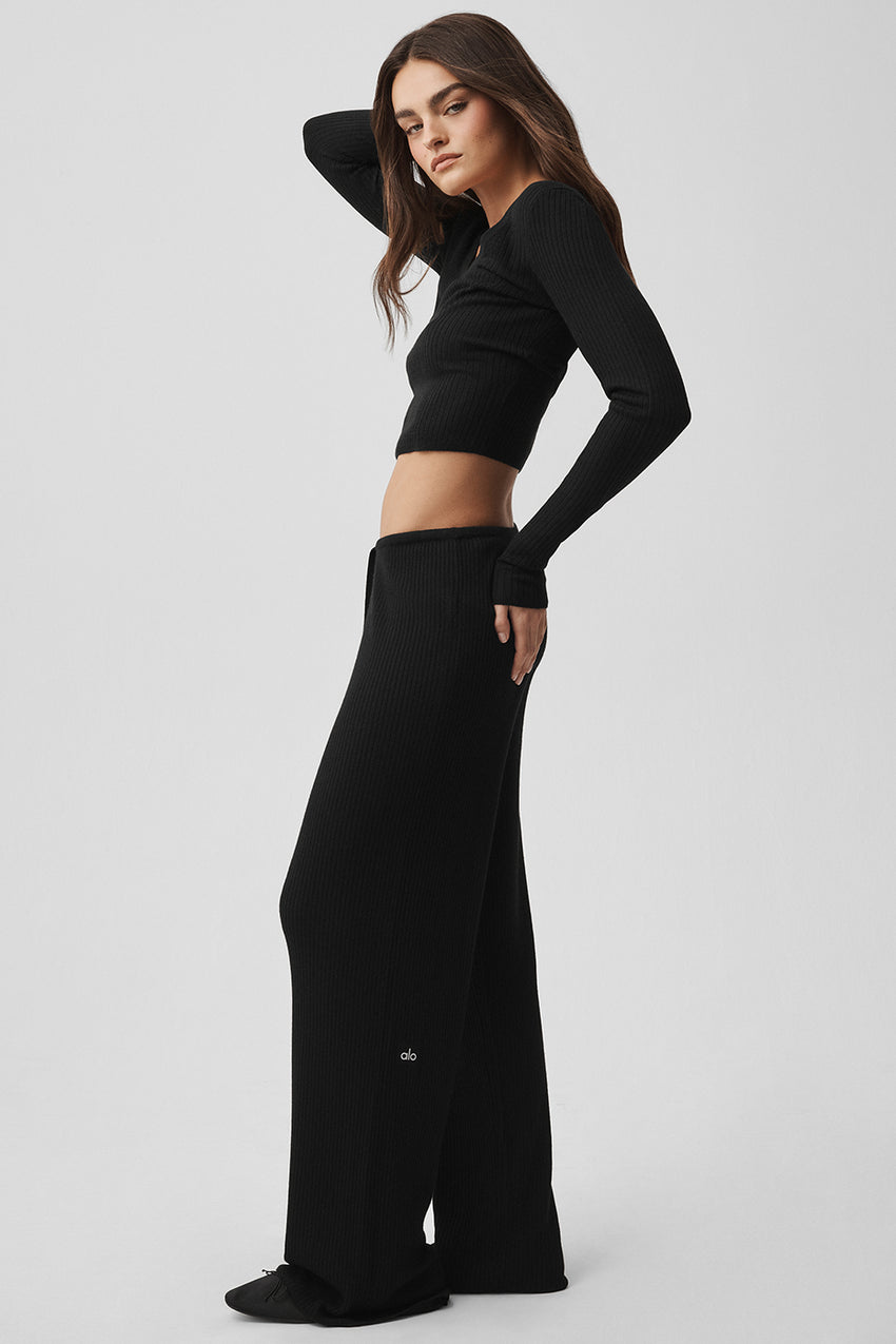 Sweater Knit Mid-Rise Unwind Wide Leg Pant - Black